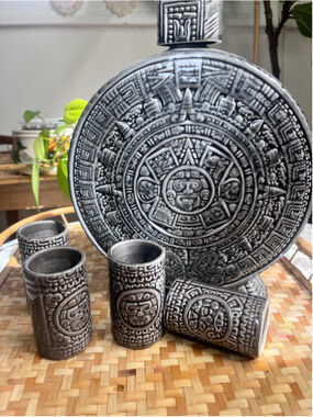 Vintage Mexican Ceramic Aztec Calendar Decanter & 4 Shot Glasses - Gray Pottery